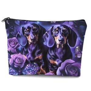 Cosmetic Bag Makeup Dachshund Dog Flowers Clutch Pouch Travel Storage Weiner NEW